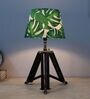Vintage Tripod Black Mangowood Table Lamp With Narcissue Floral Print Satin Shade