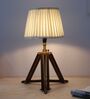Vintage Tripod Brown Mangowood Table Lamp With Off White Satin Shade