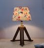 Vintage Tripod Brown Mangowood Table Lamp With Flower Print Satin Shade