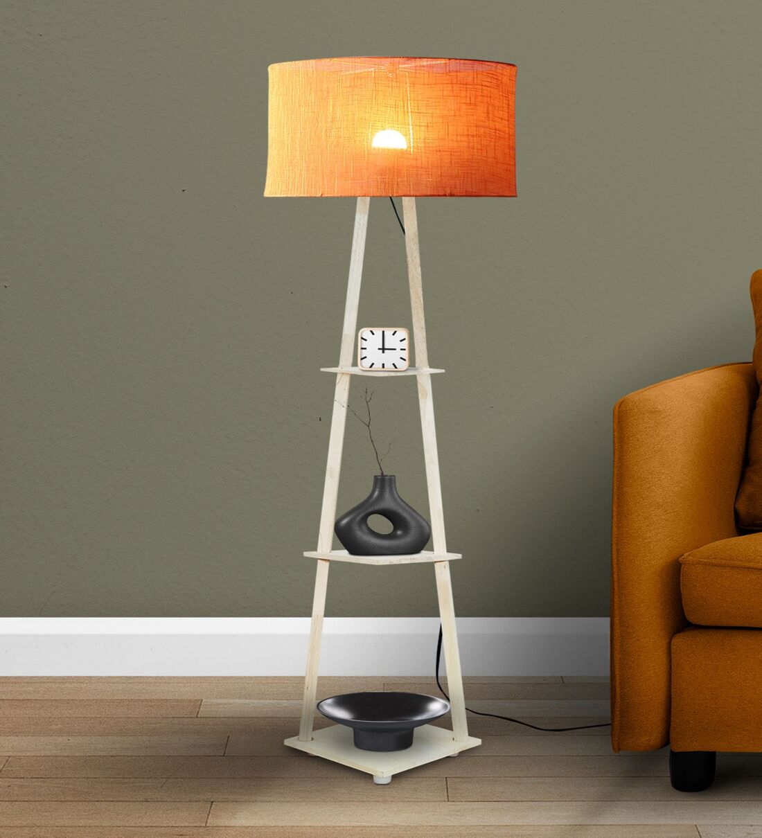 Volga 3 Shelf Floor Lamp In Solid Wood & Natural Wood Color Base