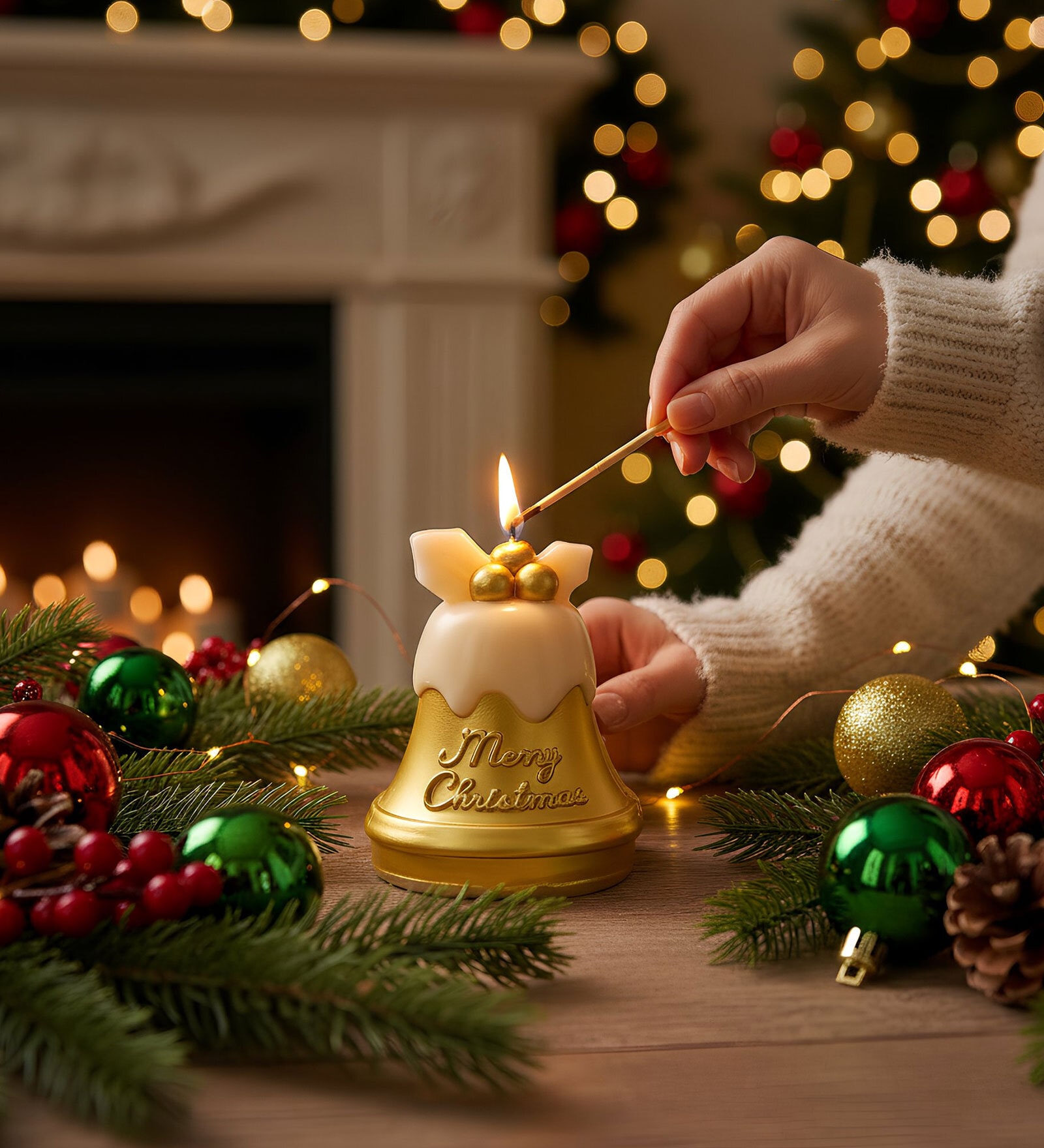 Christmas Candle Golden Bell Design with Gift Box Golden Vanilla