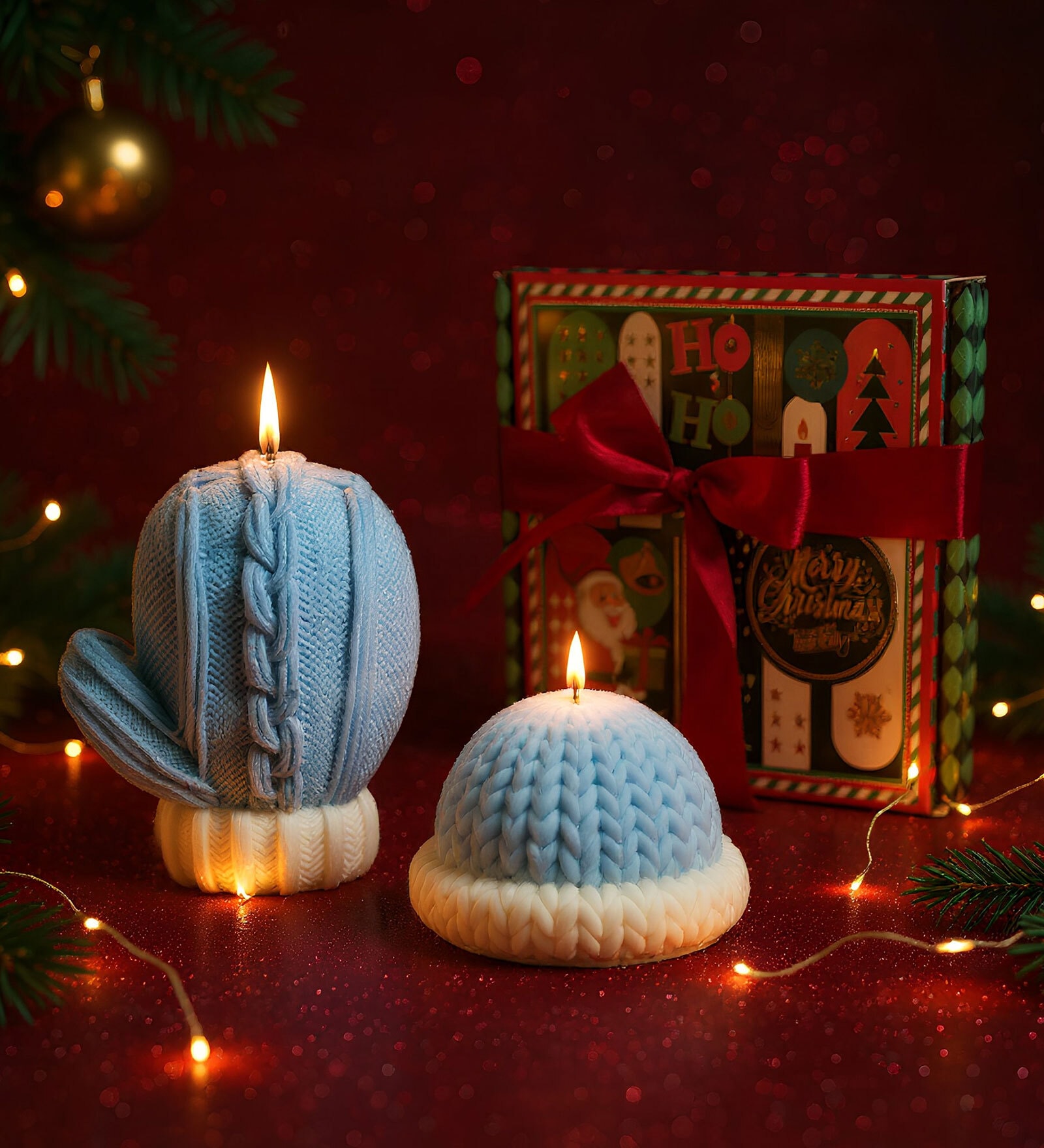 Cozy Christmas Candle Set of 2 Winter Gloves & Cap Designs with Gift Box Blue Cinnamon