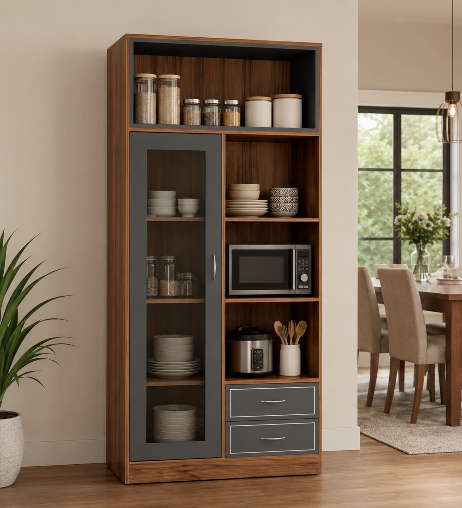 Voom Grey Colour Cabinet In Walnut Finish