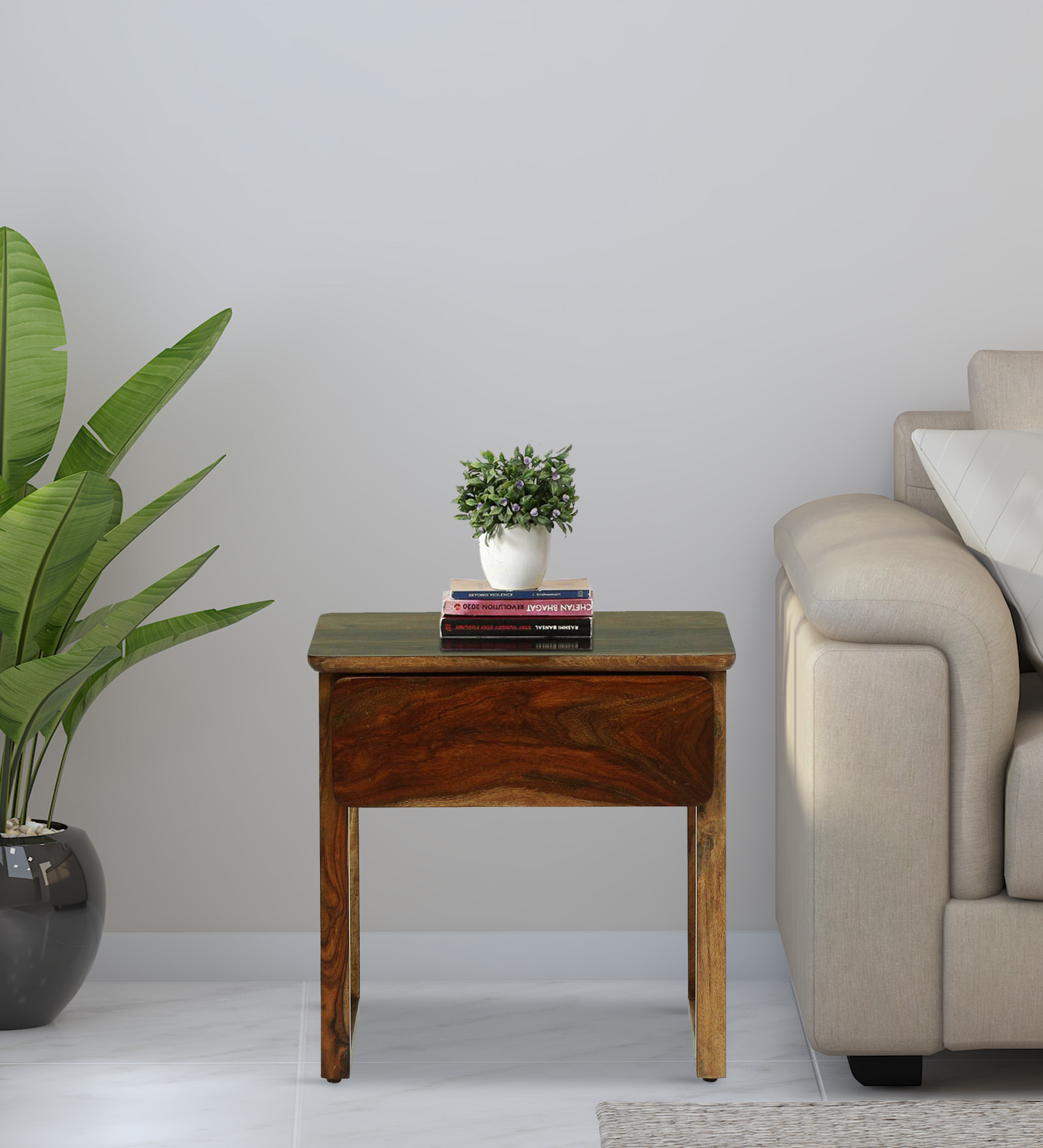 Voronezh Sheesham Wood Bedside Table in Scratch Resistant Rustic Teak Finish With Drawer