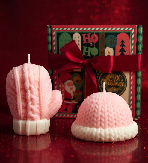 Cozy Christmas Candle Set of 2 Winter Gloves & Cap Designs with Gift Box Pink Fruity