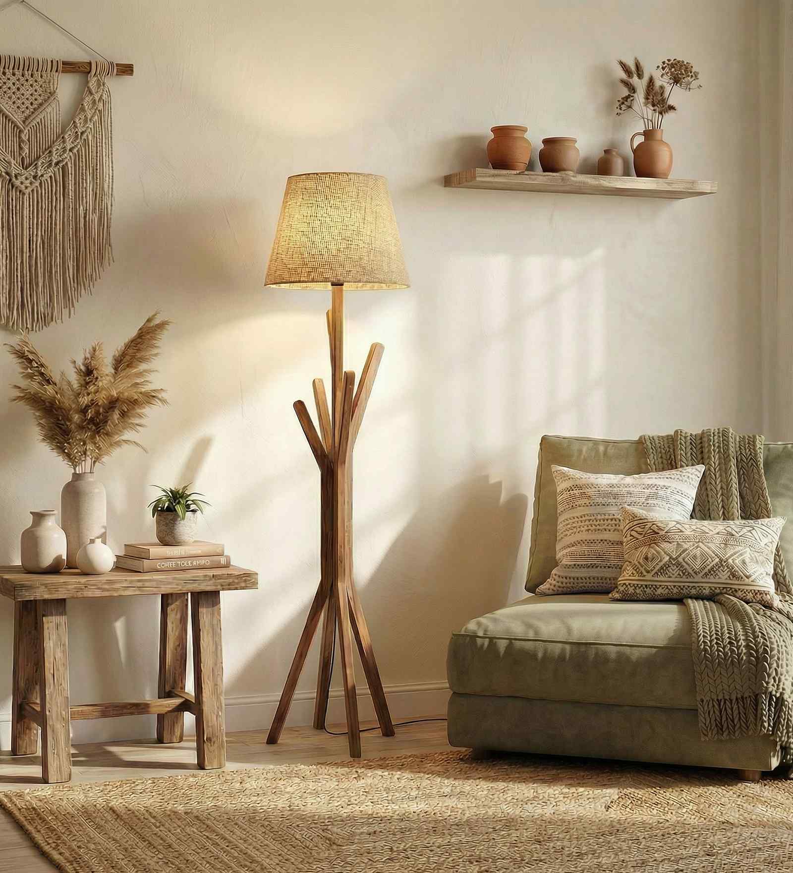 Vrikshya Wooden Floor Lamp with Jute Shade & Brown Base