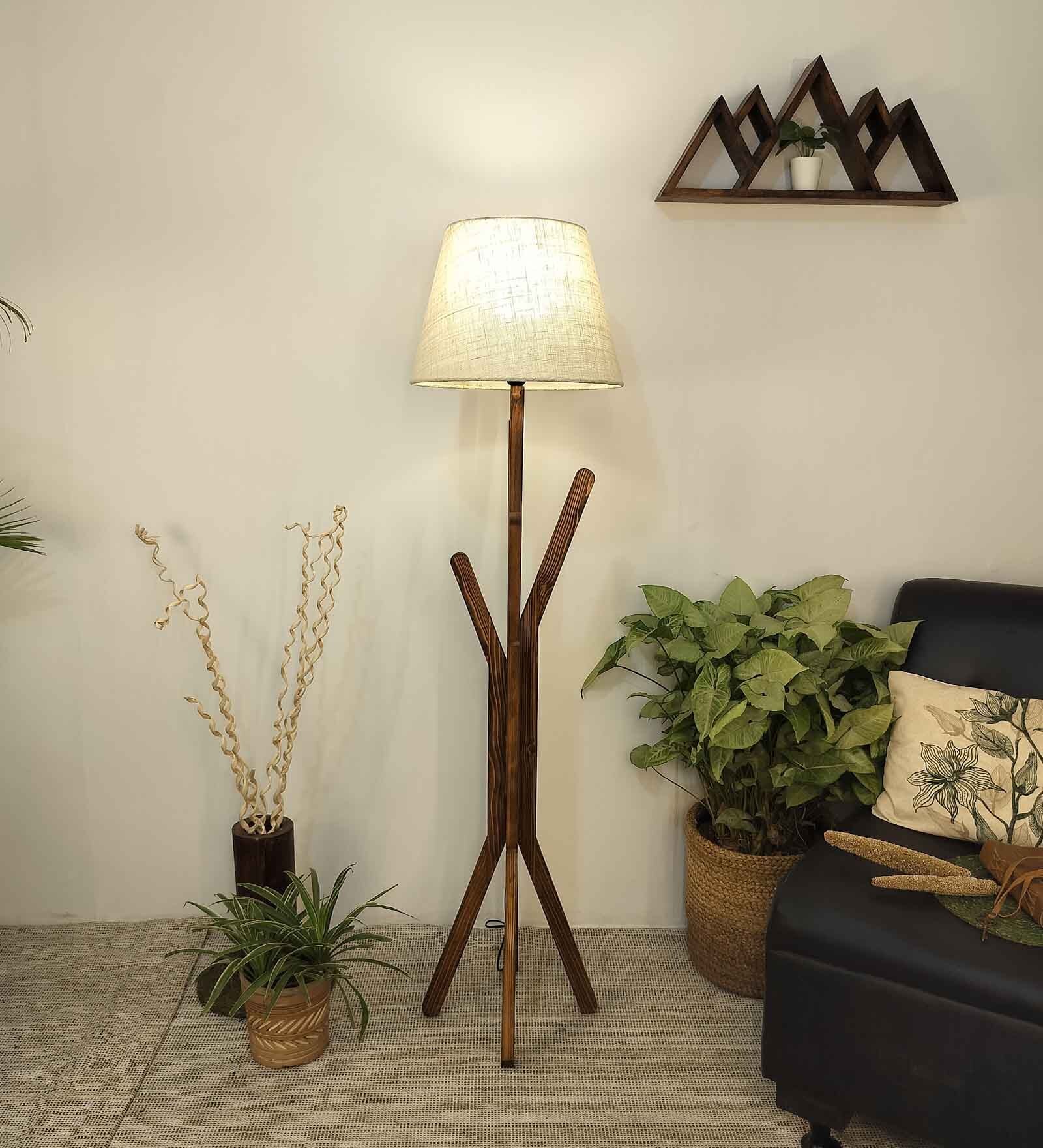 Vrikshya Wooden Floor Lamp with Jute Shade & Brown Base