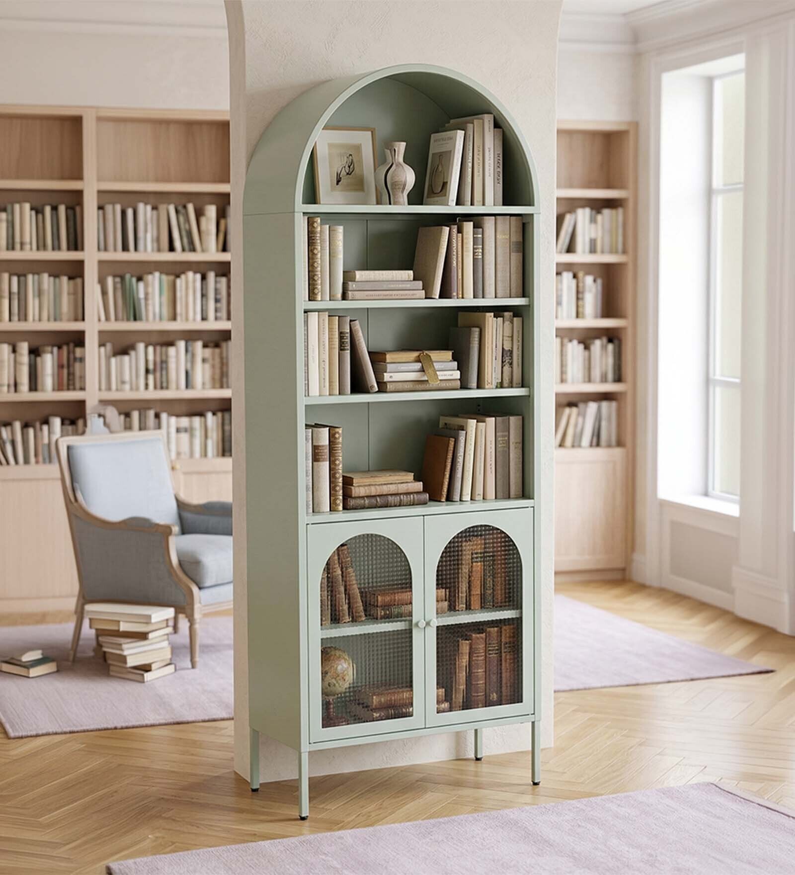Vyoma Multi-Purpose Metal Bookshelf with Arched Top Multi-Level Display Shelves and Fluted Glass Doors