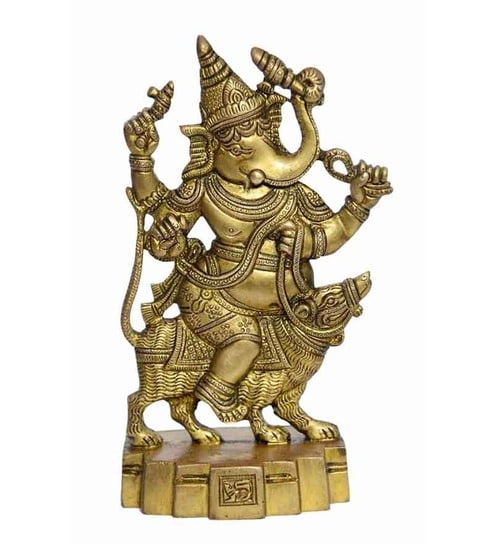 Vyom Shop Yellow Brass Ganesh On A Rat Statue