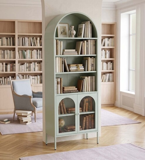 Vyoma Multi-Purpose Metal Bookshelf with Arched Top Multi-Level Display Shelves and Fluted Glass Doors