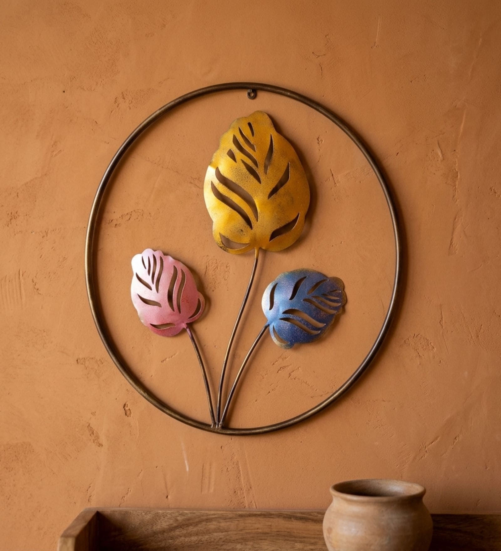 Modern Tropical Leaf Metal Wall Art with Black Ring Frame