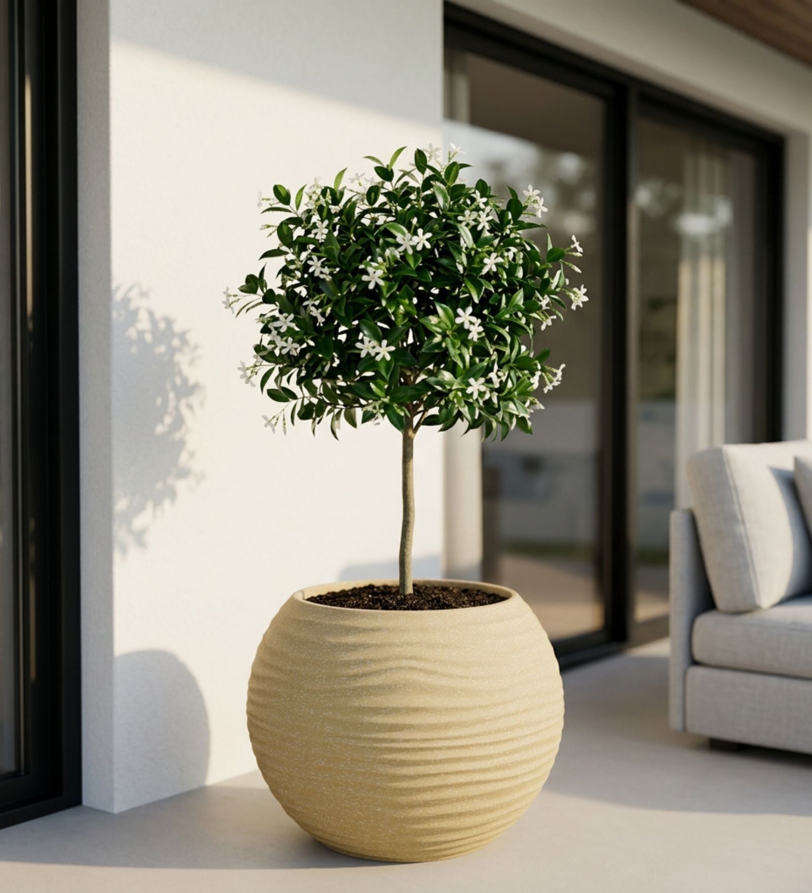 W SPHR Beige 16 Inch German Polymer Round Plant Container