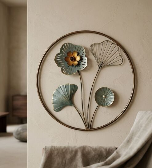 Modern Botanical Flower Metal Wall Art with Black Circular Frame