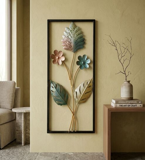 Pastel Botanical Metal Wall Art with Golden Leaves