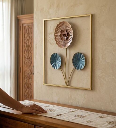 Pastel Floral Metal Square Wall Art with Golden Frame
