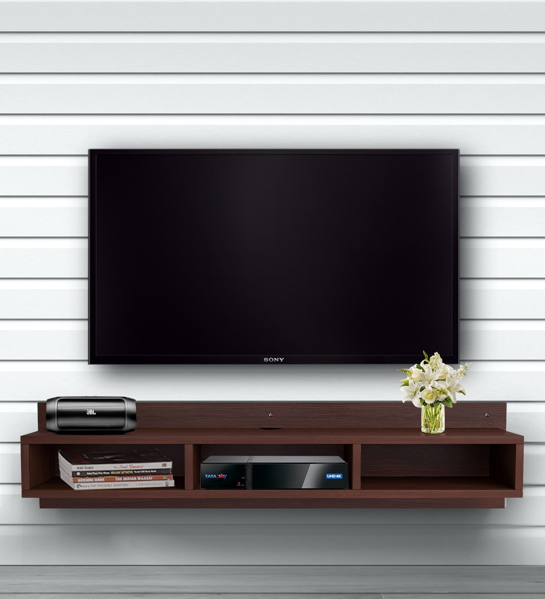 Buy Engineered Wood Wall Mounted TV Shelf in Brown Colour by Auspicious