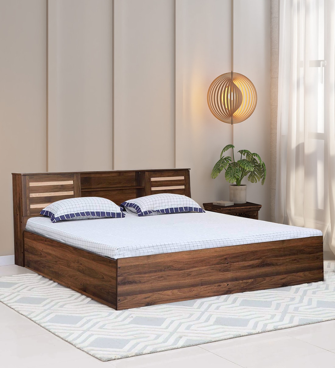 Buy Waltz King Size Bed in Walnut Finish with Box & Headboard Storage