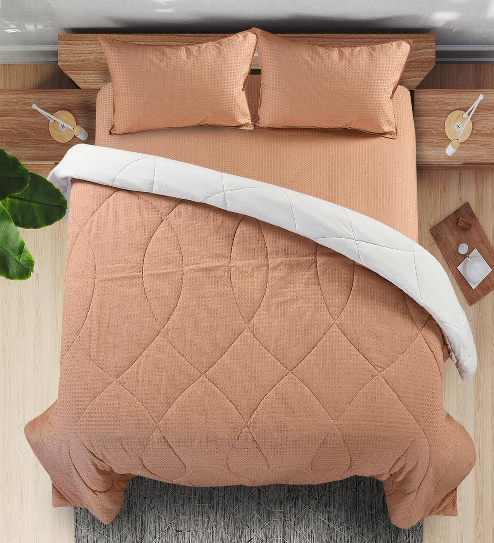 Beige Waffle Cotton Striped Queen Size Quilt