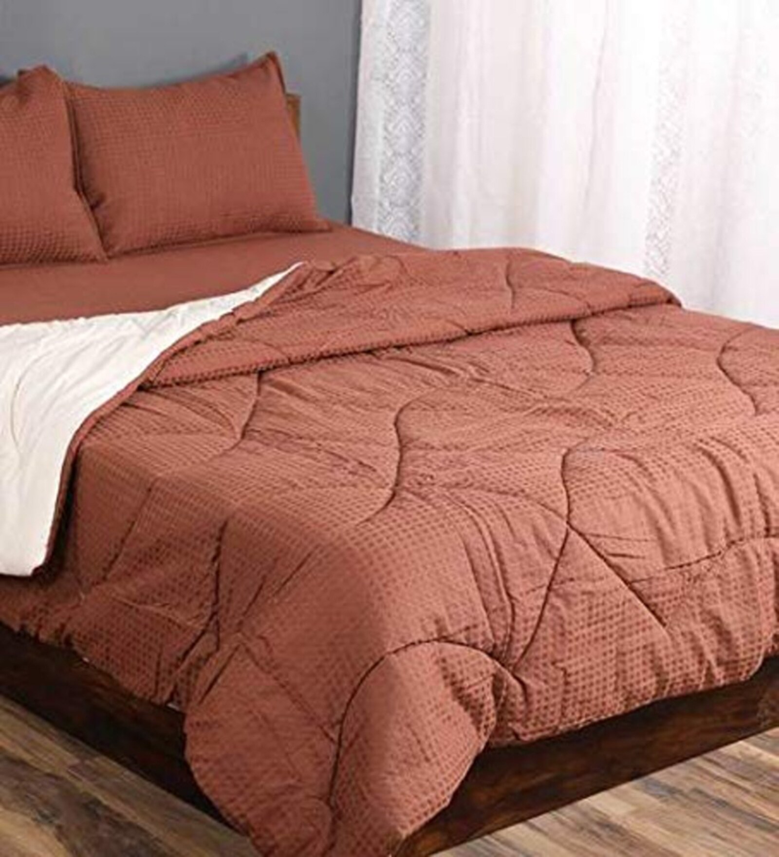 Brown Waffle Cotton Striped Queen Size Quilt