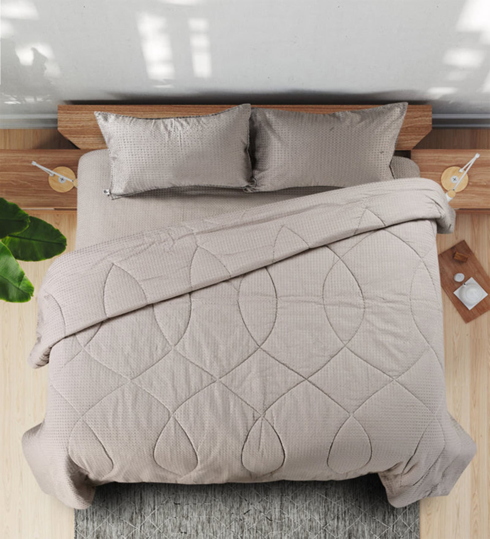 Grey Waffle Cotton Striped Queen Size Quilt