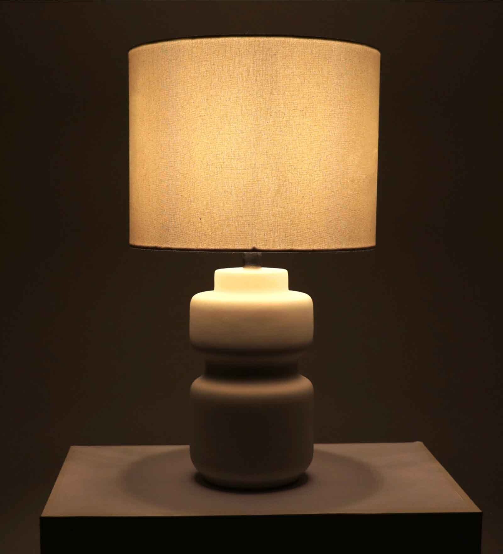 Waken Curve Ceramic Off White Table Lamp with Cotton Linen Off White Shade