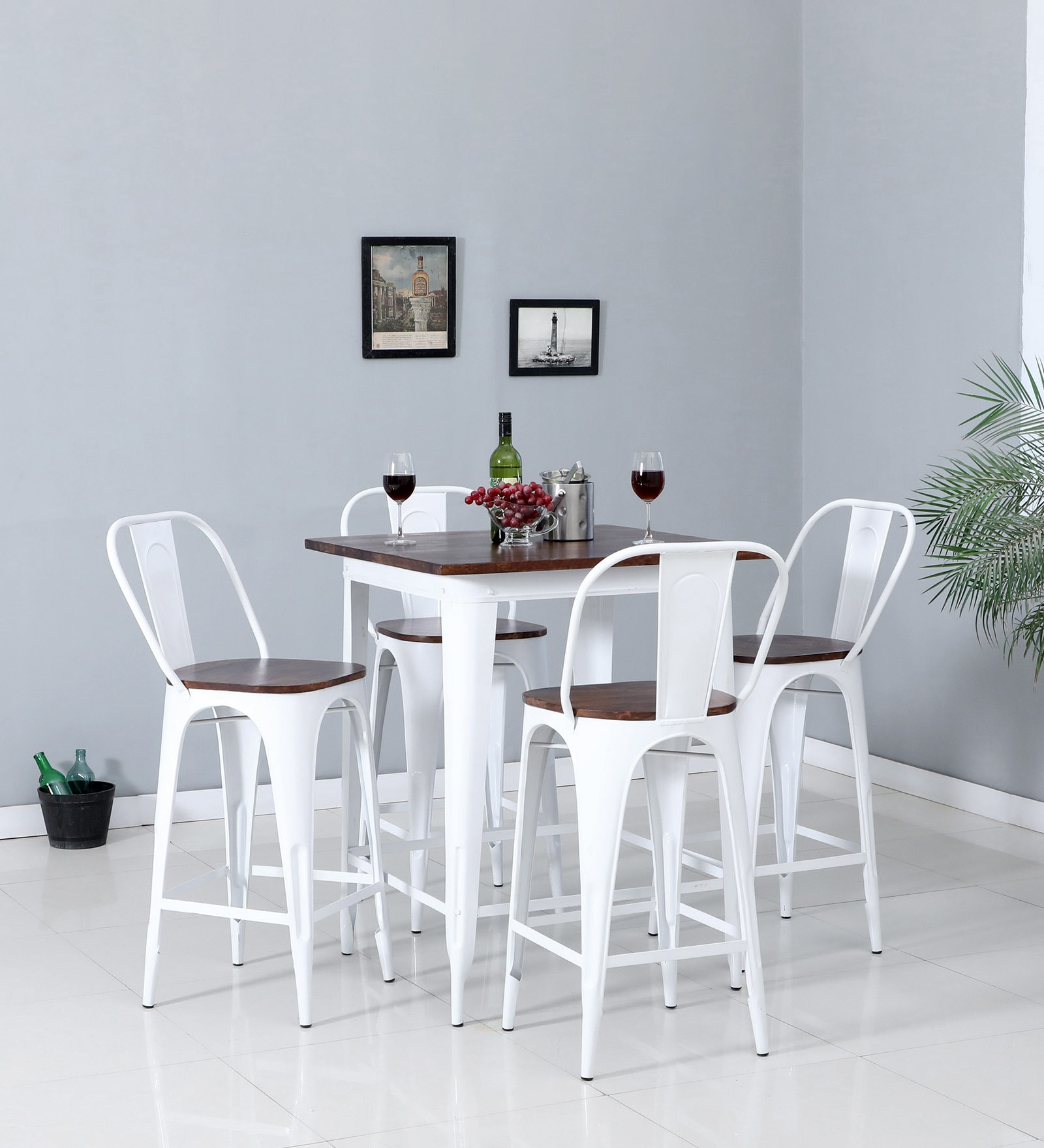 Spaulding Metal Bar Table Set in White Colour With 4 Chairs