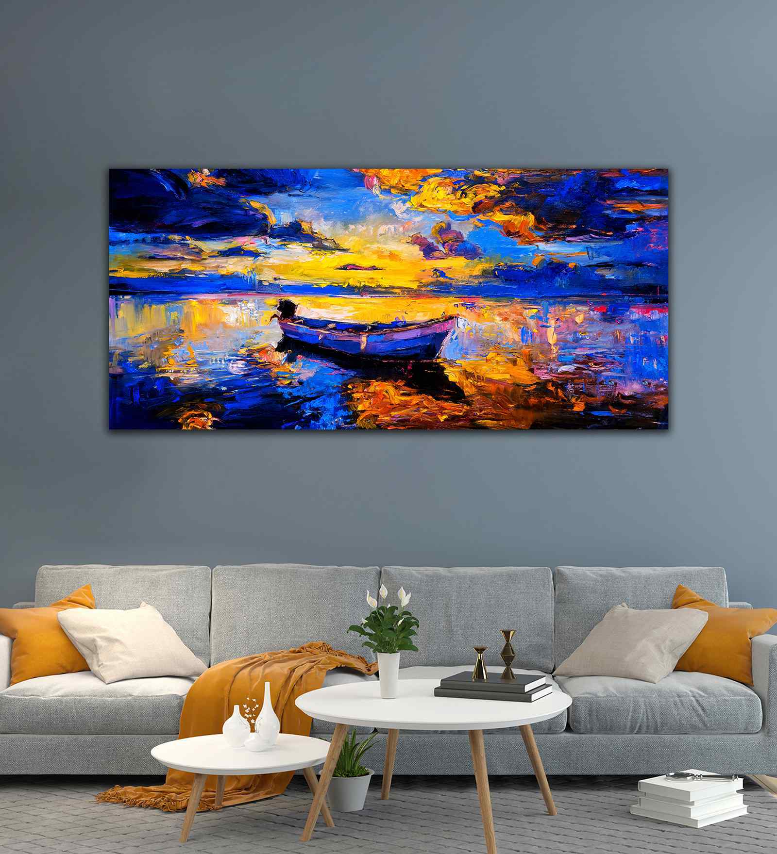 Boat Sunset Over Ocean Wall Canvas Painting
