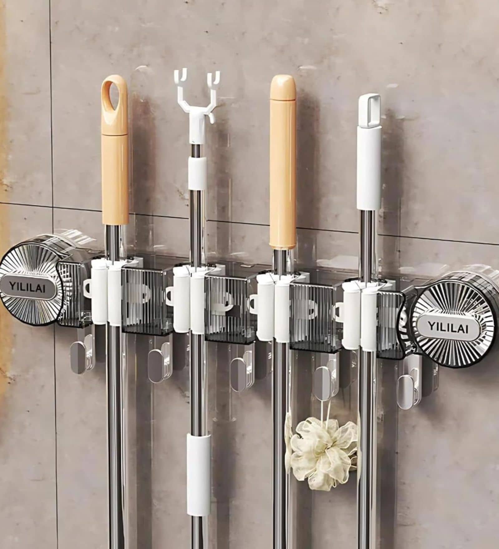 Wall-Mounted Mop & Broom Organizer Suction Cup Cleaning Rack With Hooks Wall-Mounted Mop & Broom Organizer Suction Cup Cleaning Rack With Hooks