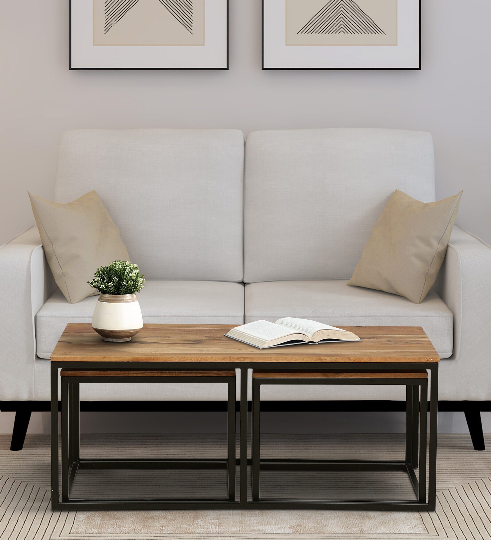 Walond Solid Wood Nesting Coffee Table Set in Natural Finish With Stools