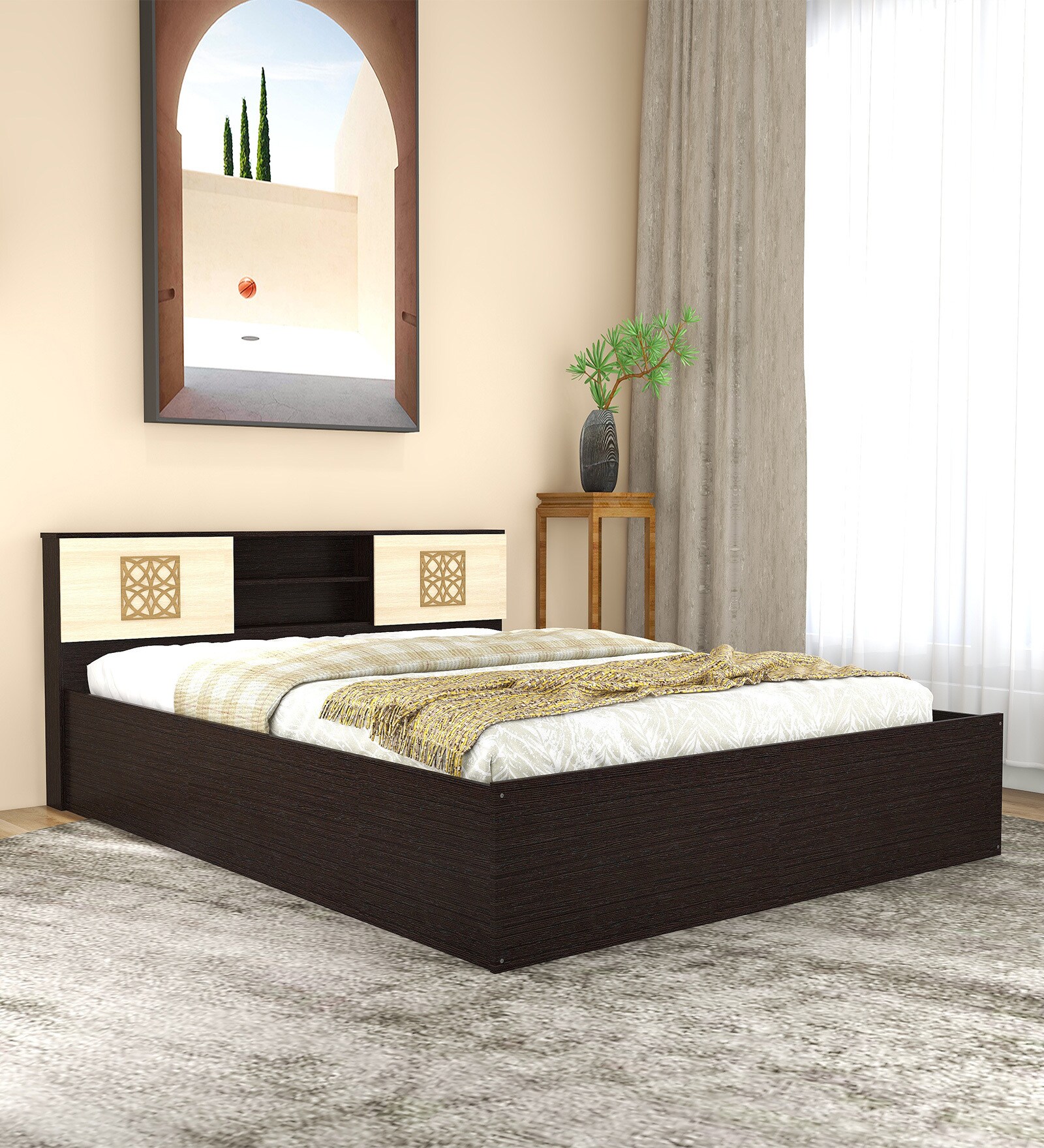 Waltz Jali Queen Size Bed with Box & Headboard Storage in Wenge Finish 