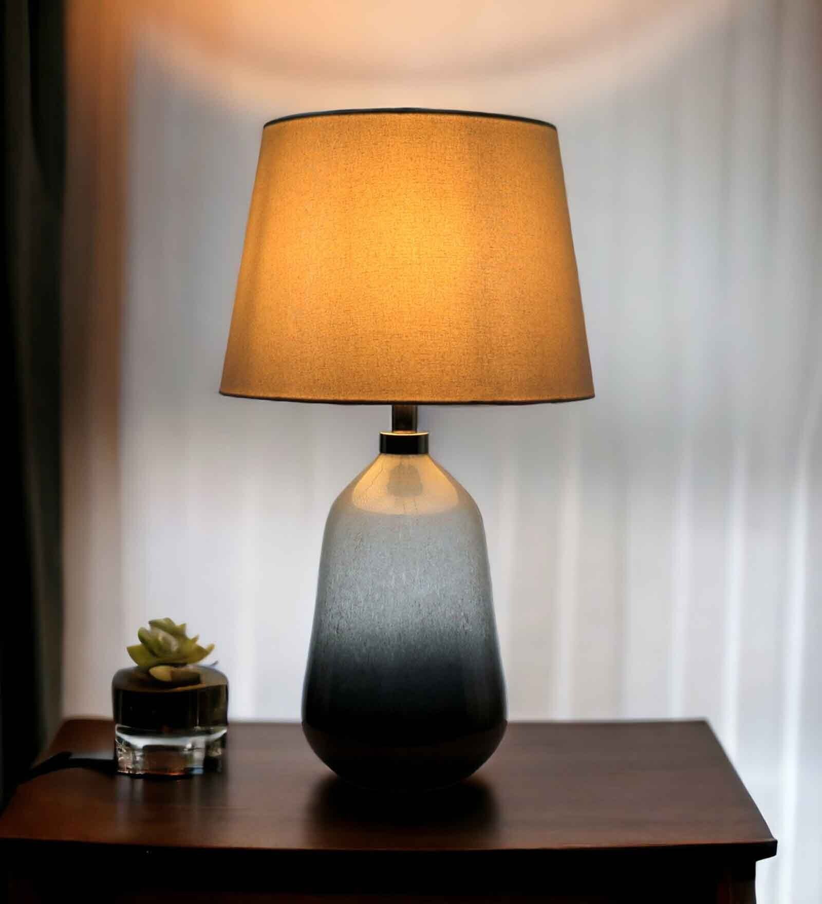 Walze Dark Glass White & Black Table Lamp with Cotton Linen Off White Shade Walze Dark Glass White & Black Table Lamp with Cotton Linen Off White Shade