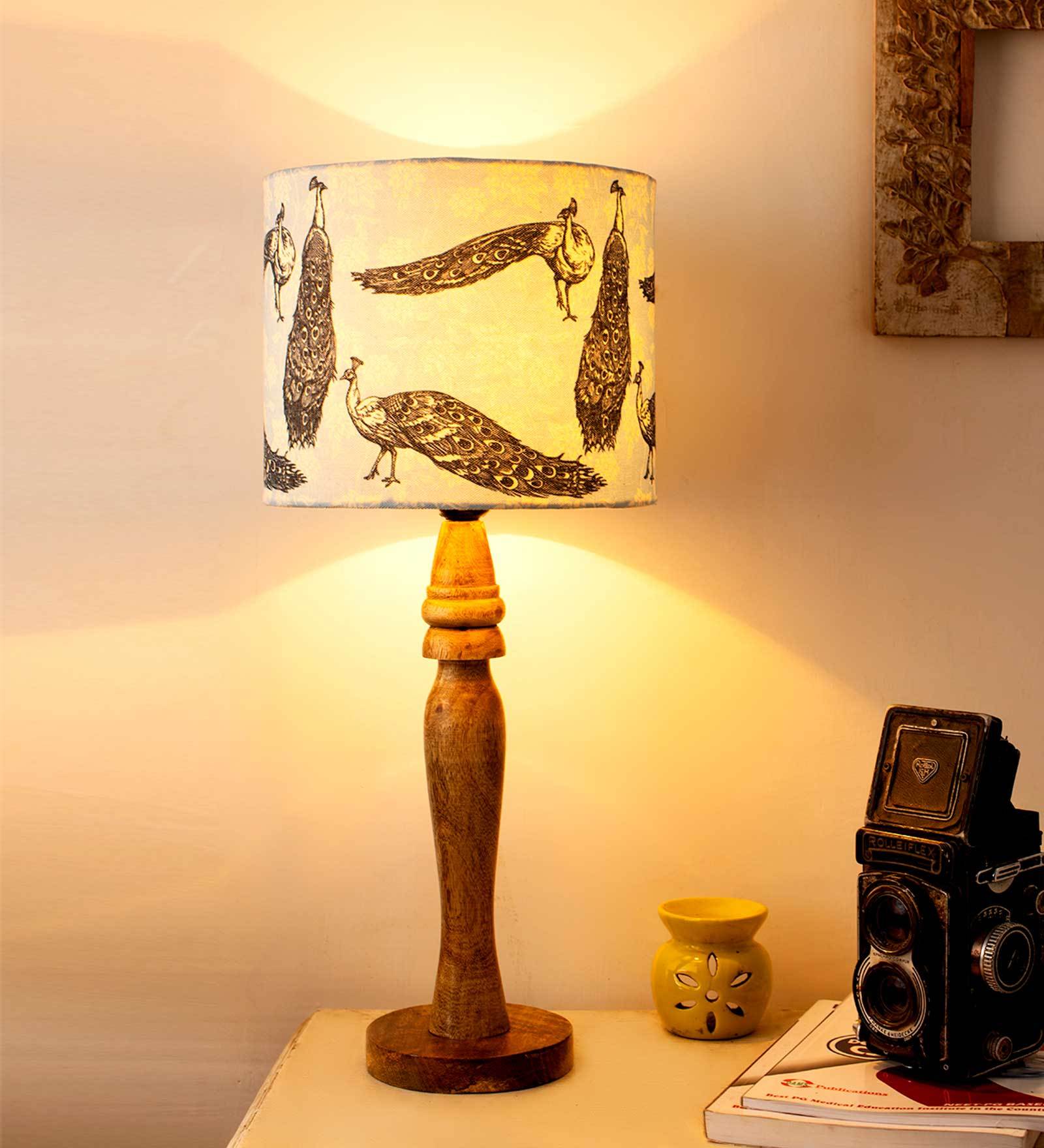 Wandering Peacocks Multicolor Canvas Shade Table Lamp with Brown Base