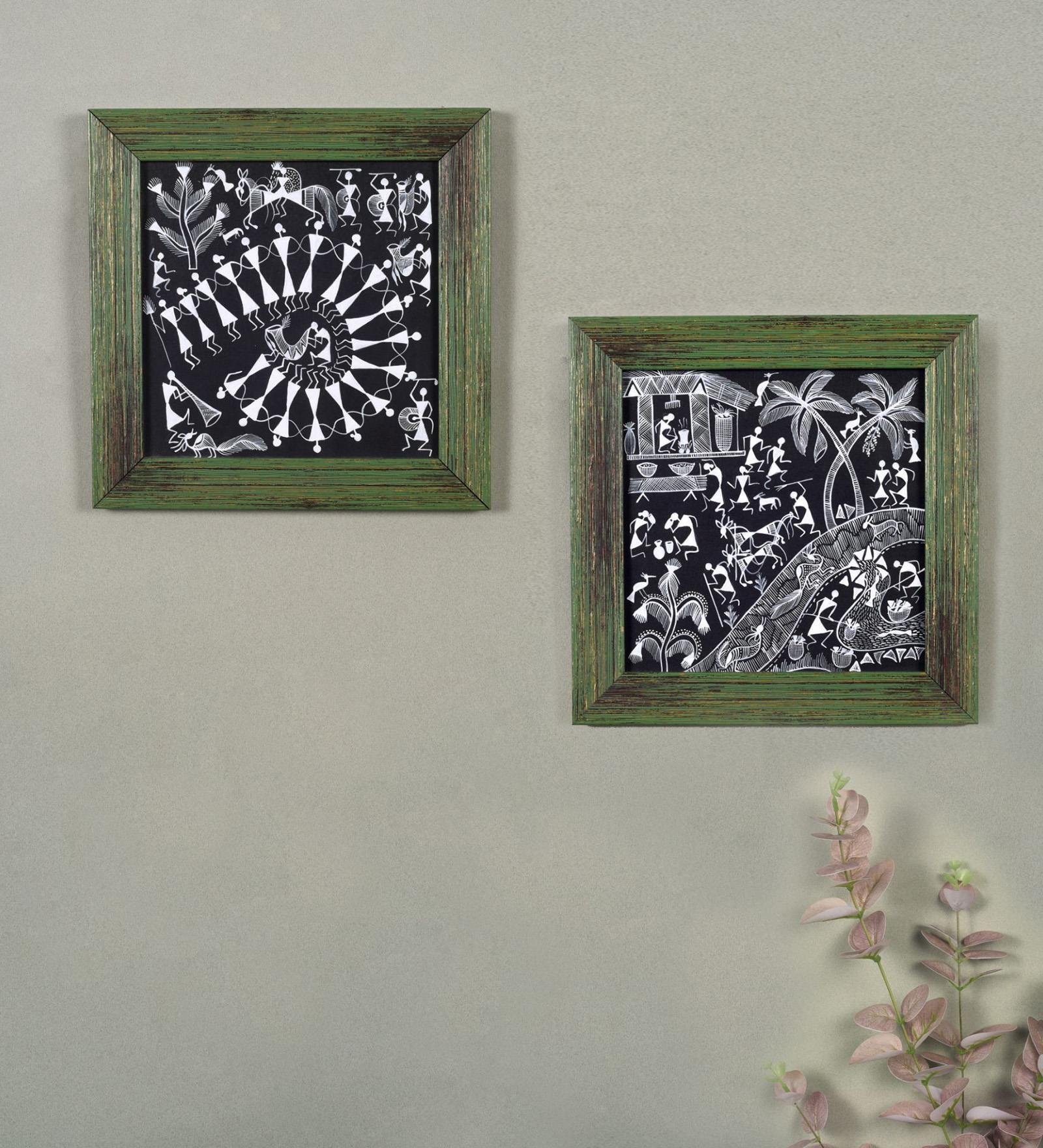 Warli Agriculture Tribal Dance  Black Wood & Metal (Set of 2) Painting