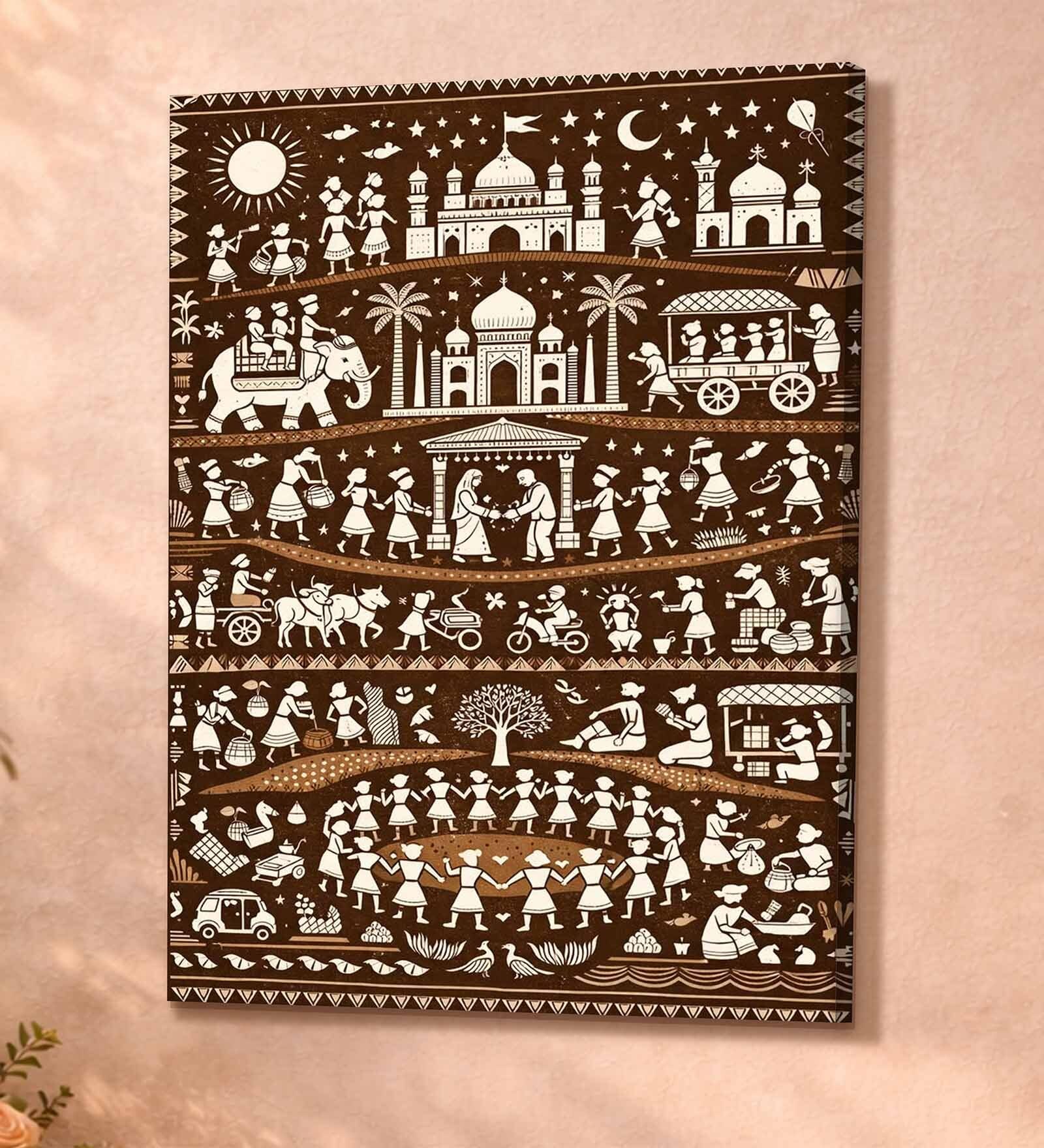 Warli Celebration Stretched Canvas Painting