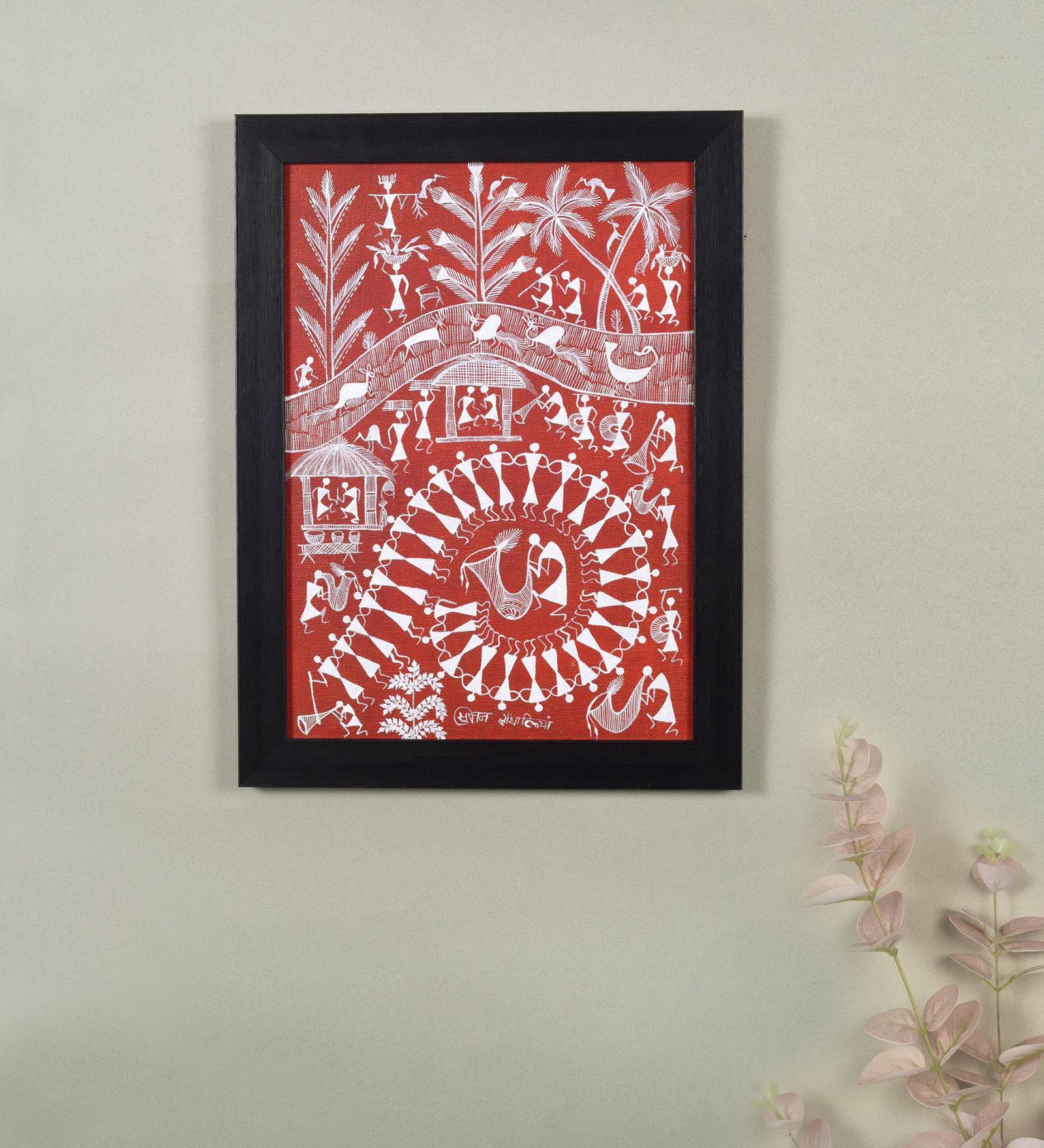 Warli Culture Red Wood and Canvas  Painting