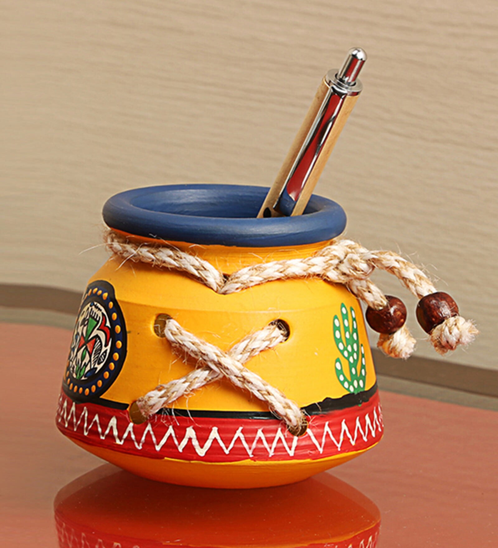 Buy Warli Handpainted Terracotta Pen Stand by Exclusive Lane Online
