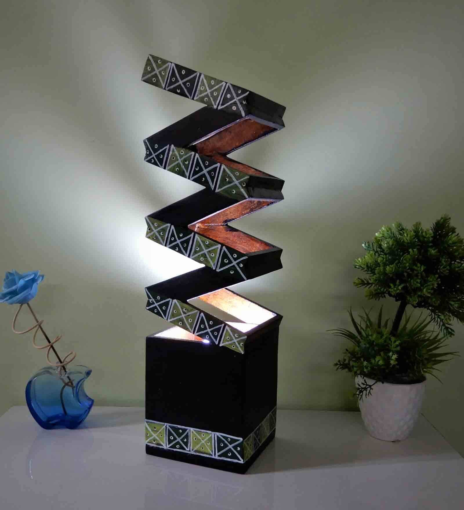 Warli Hsndpainted Black Wooden Zig Zag Table Lamp