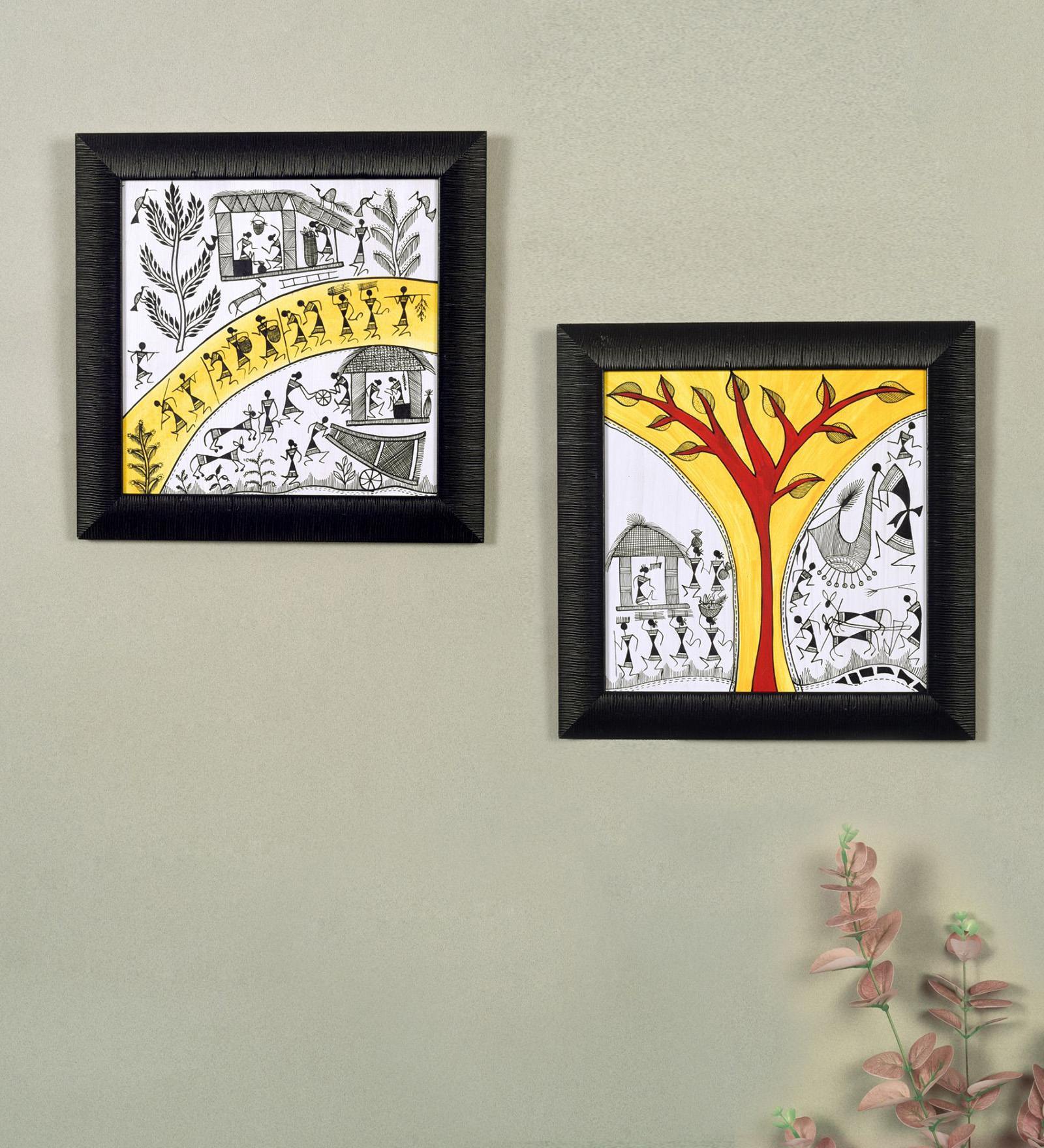 Warli Processions & The Warli Tree   White Acrylic & MDF (Set of 2) Painting
