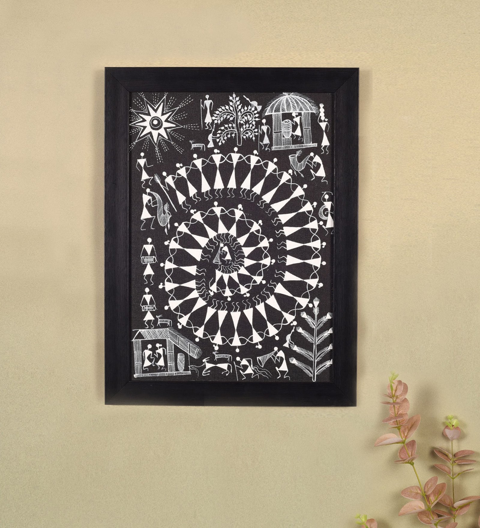 Warli Symphony  Black Wood and Canvas  Painting