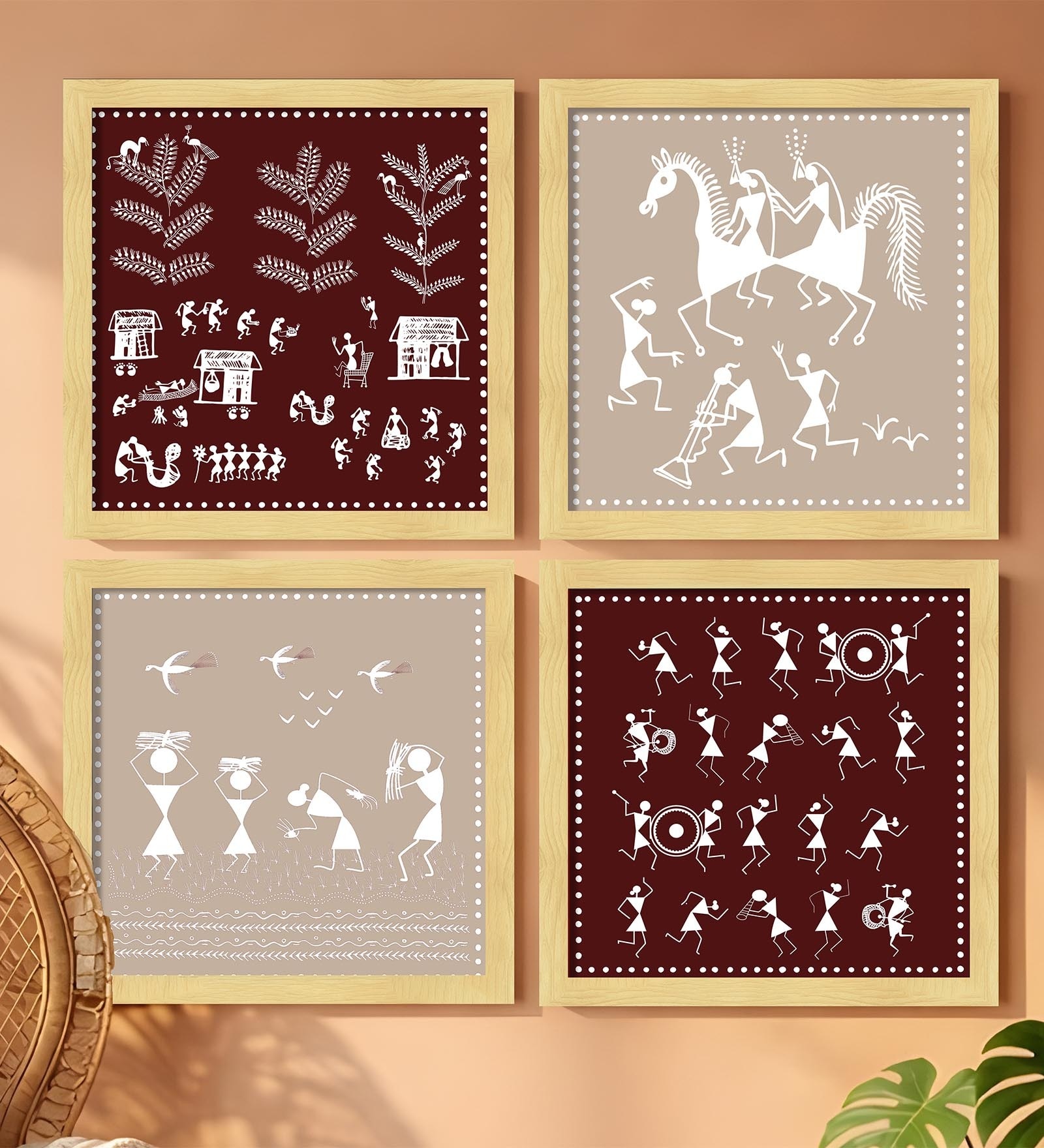 Warli Tribal Story Set of 4 Framed Posters