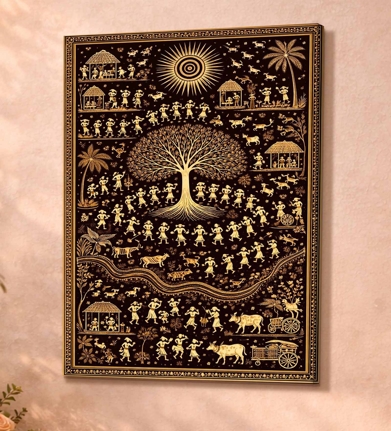 Warli Village Dance Stretched Canvas Painting