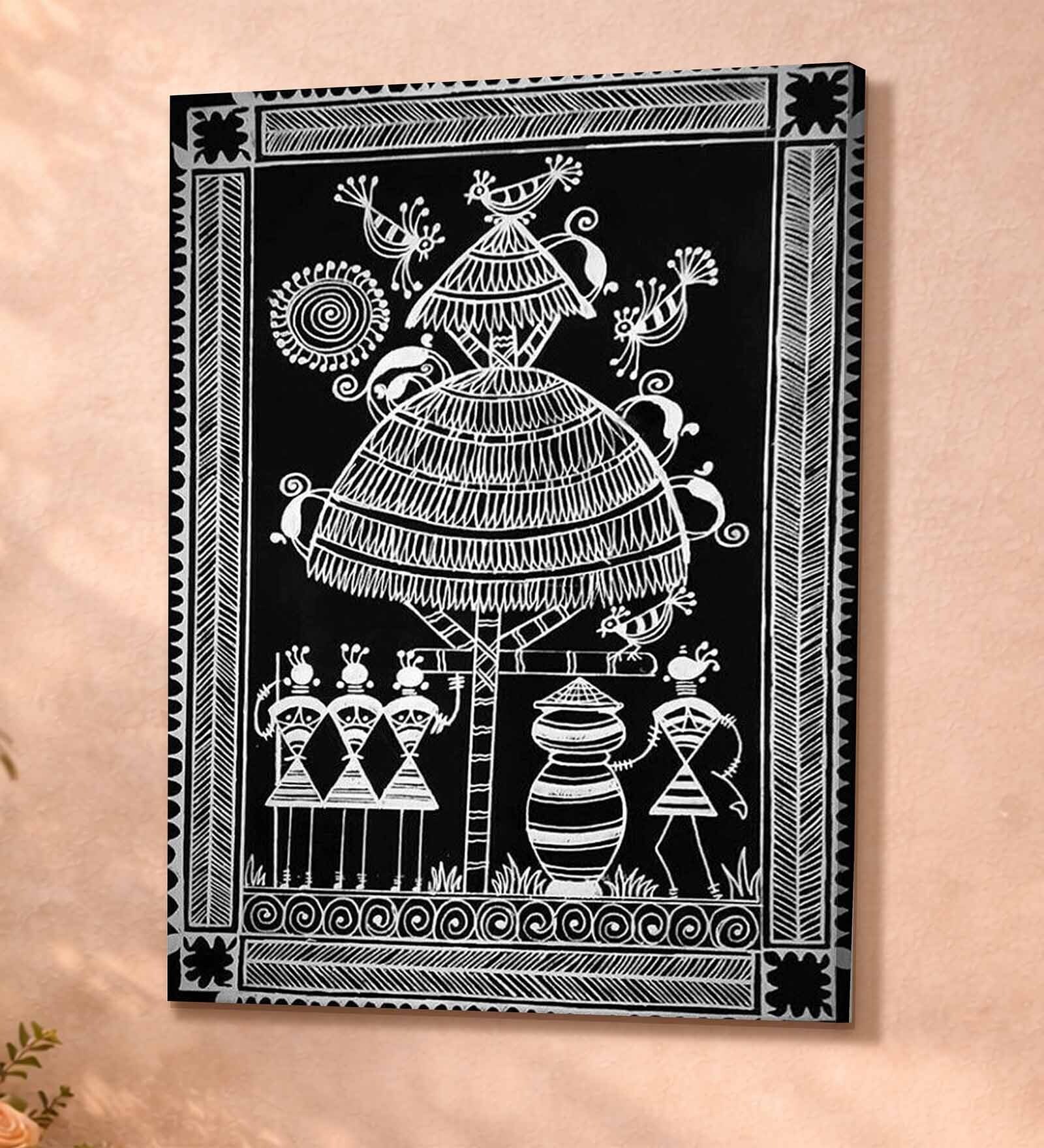 Warli Village Life Stretched Canvas Painting