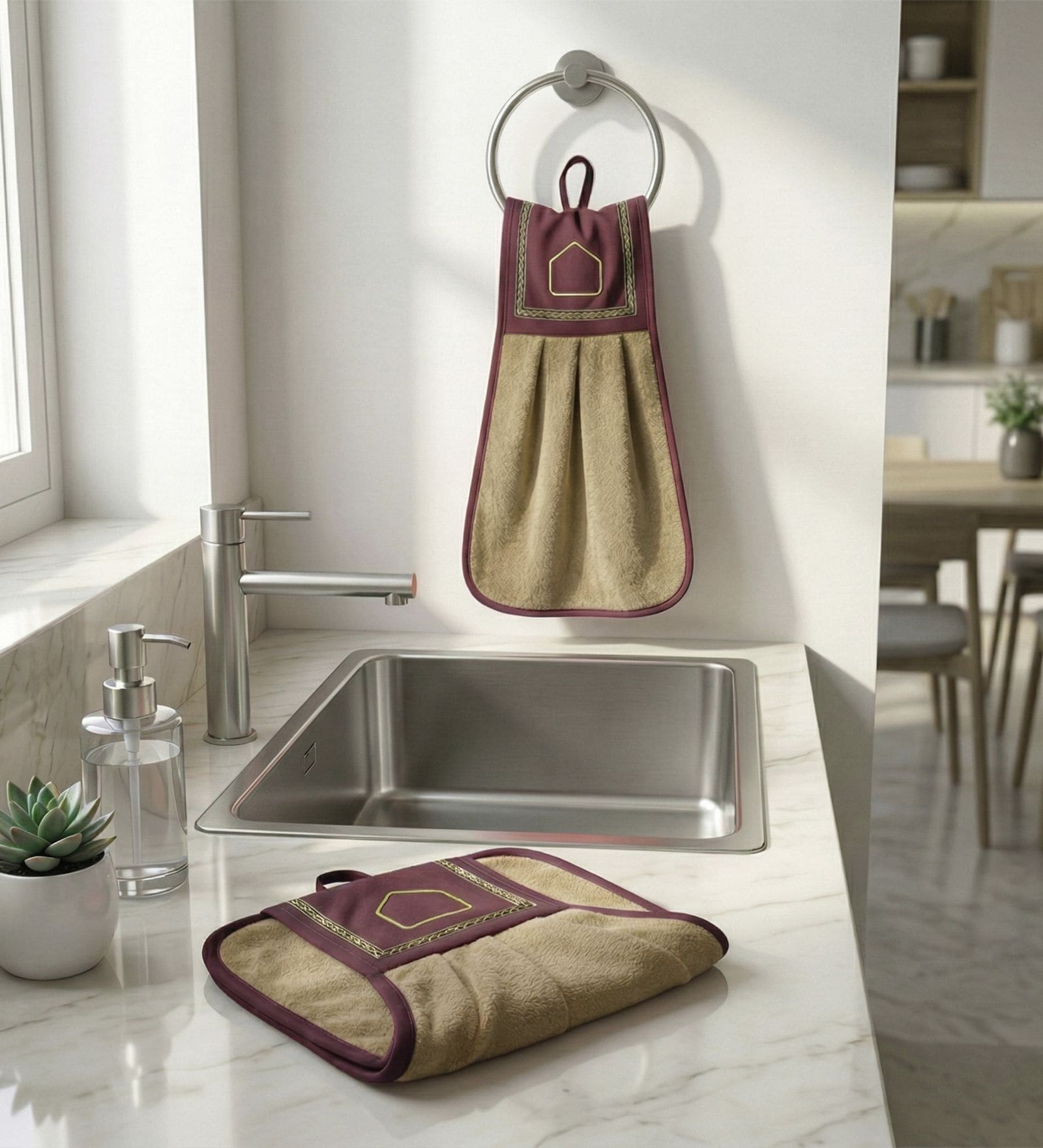 Set Of 2 Beige 300 GSM Cotton Kitchen Hand Towels