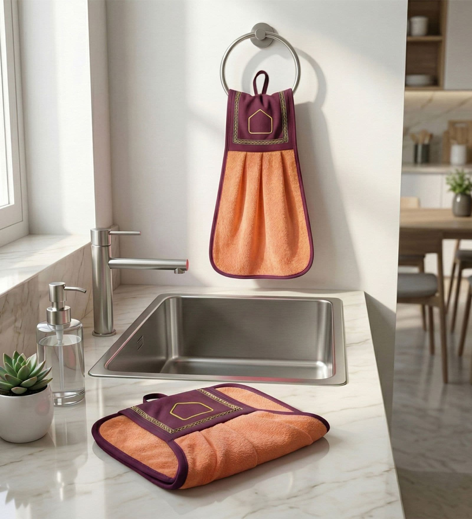 Set Of 2 Orange 300 GSM Cotton Kitchen Hand Towels