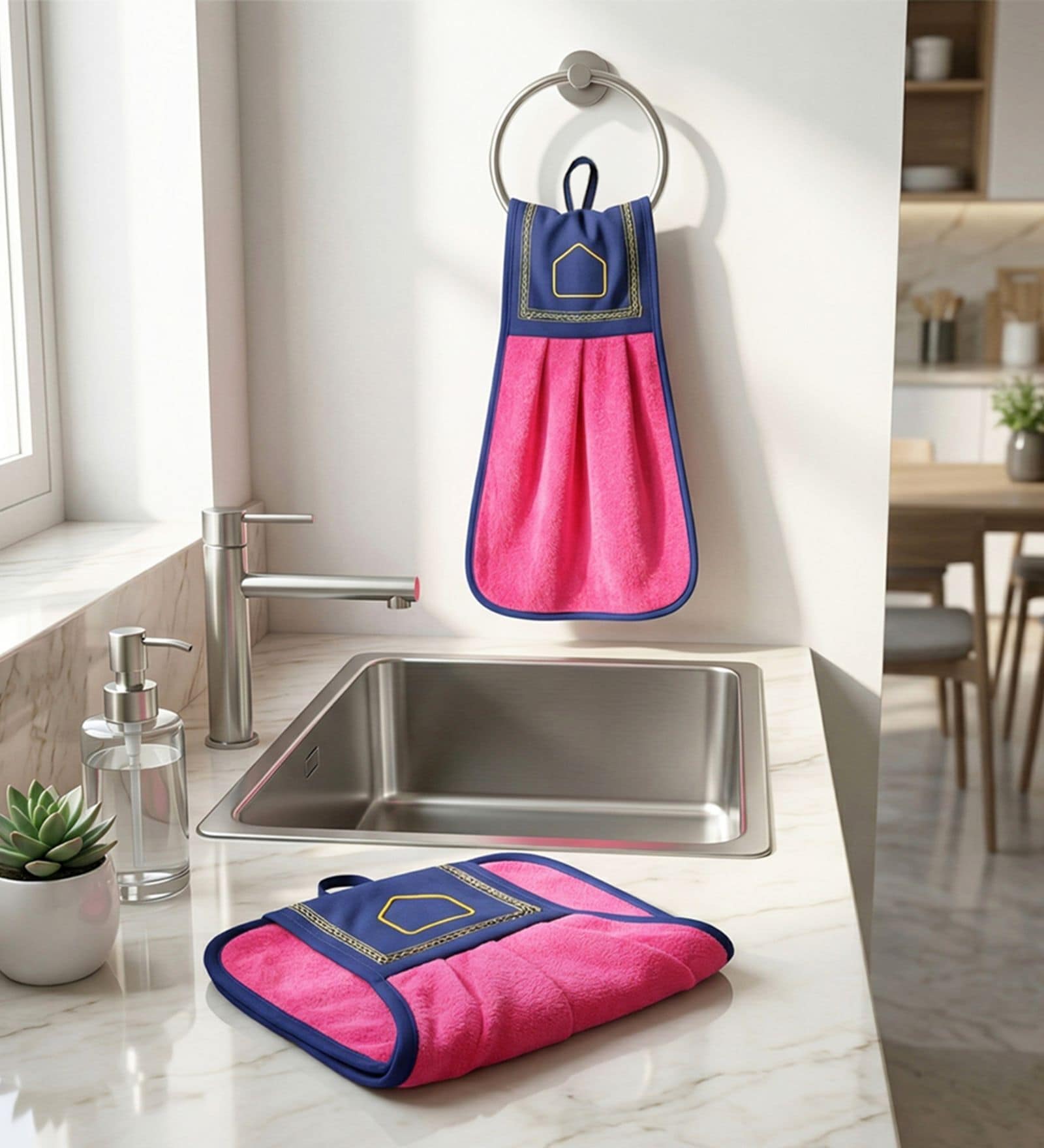 Set Of 2 Pink 300 GSM Cotton Kitchen Hand Towels