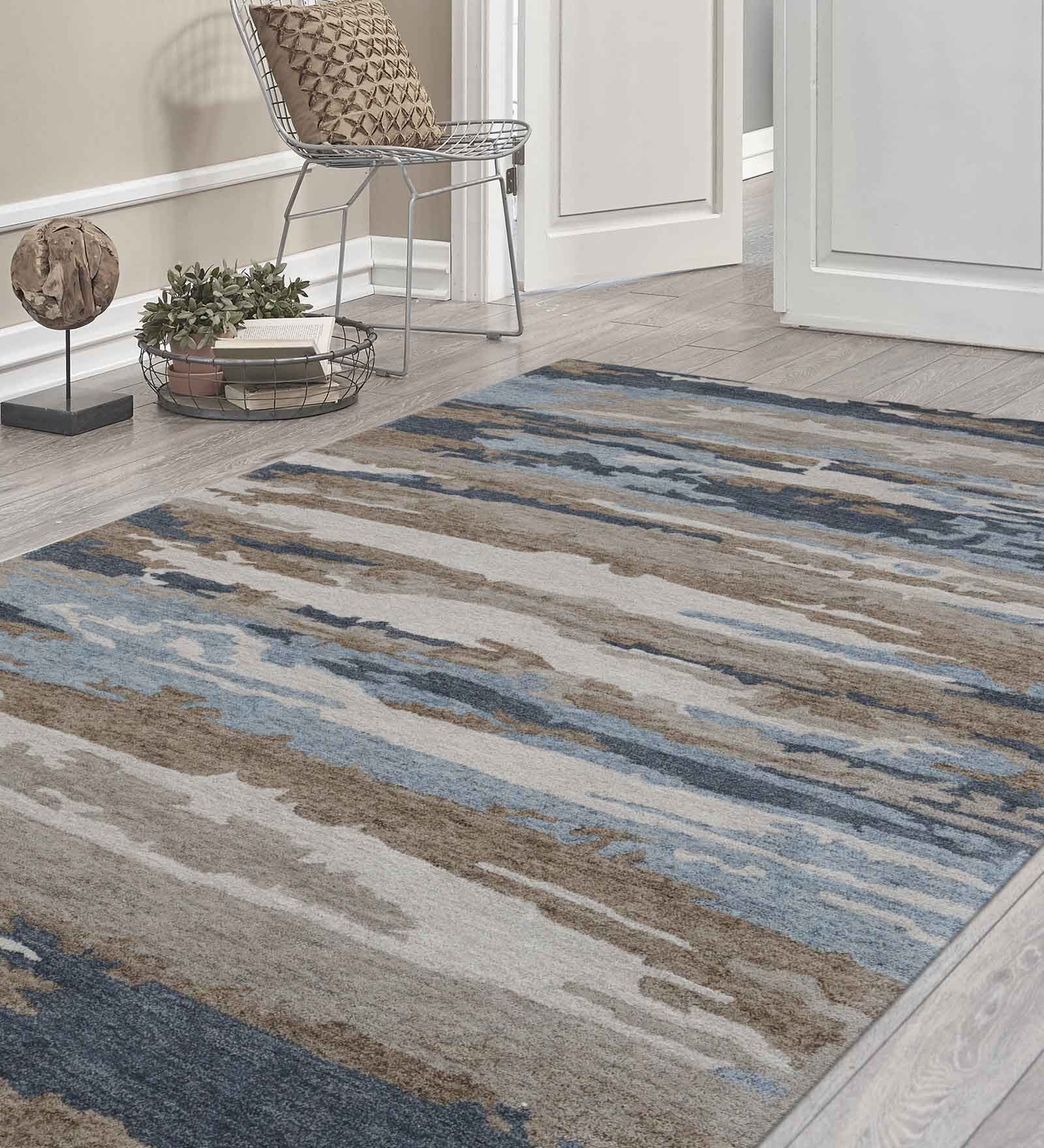 Blue Abstract Viscose 5 ft x 8 ft Hand Tufted Carpet