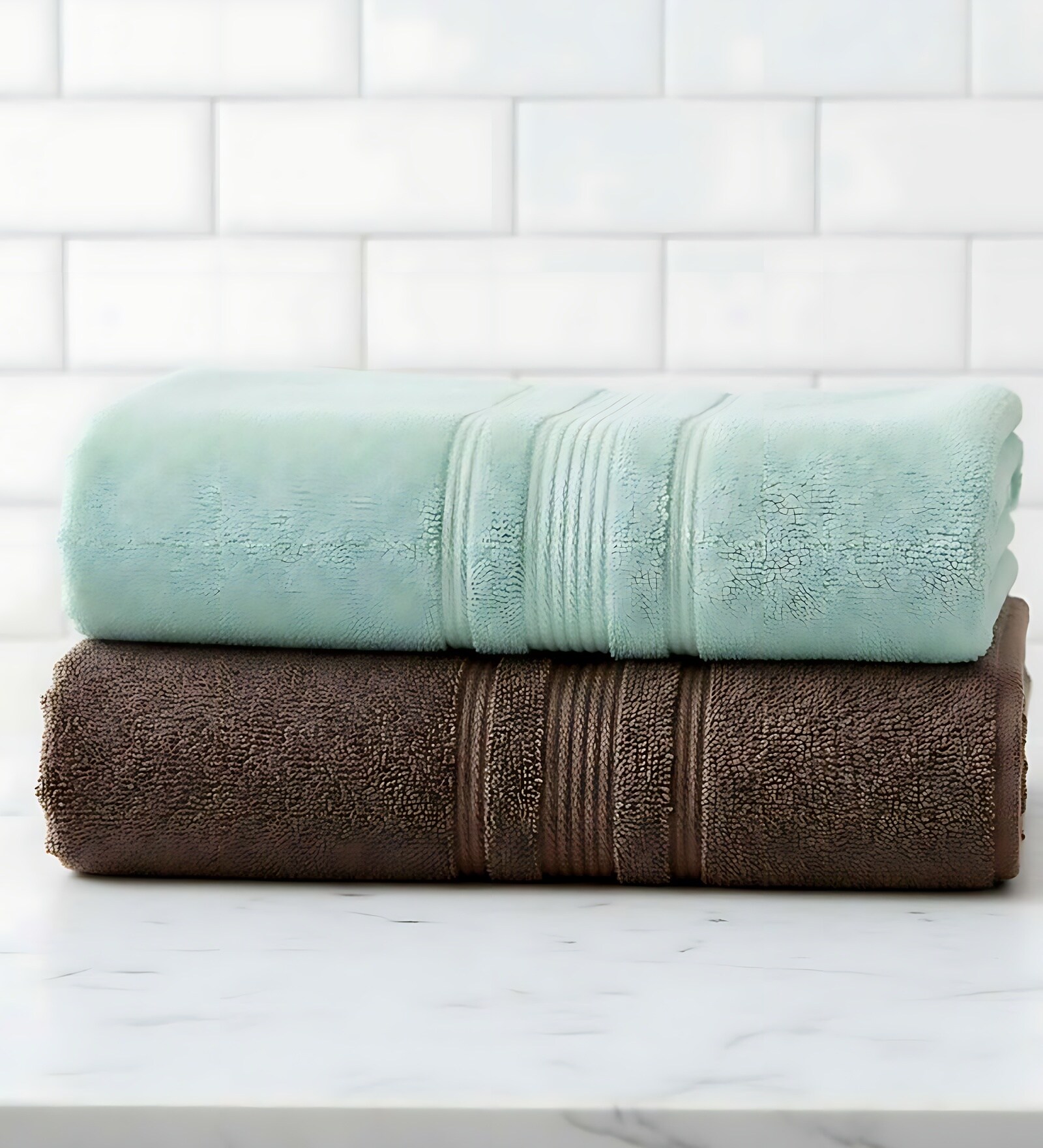 Water Green & Brown Soft Cotton 500 GSM Solid Bath Towel Pack Of 2