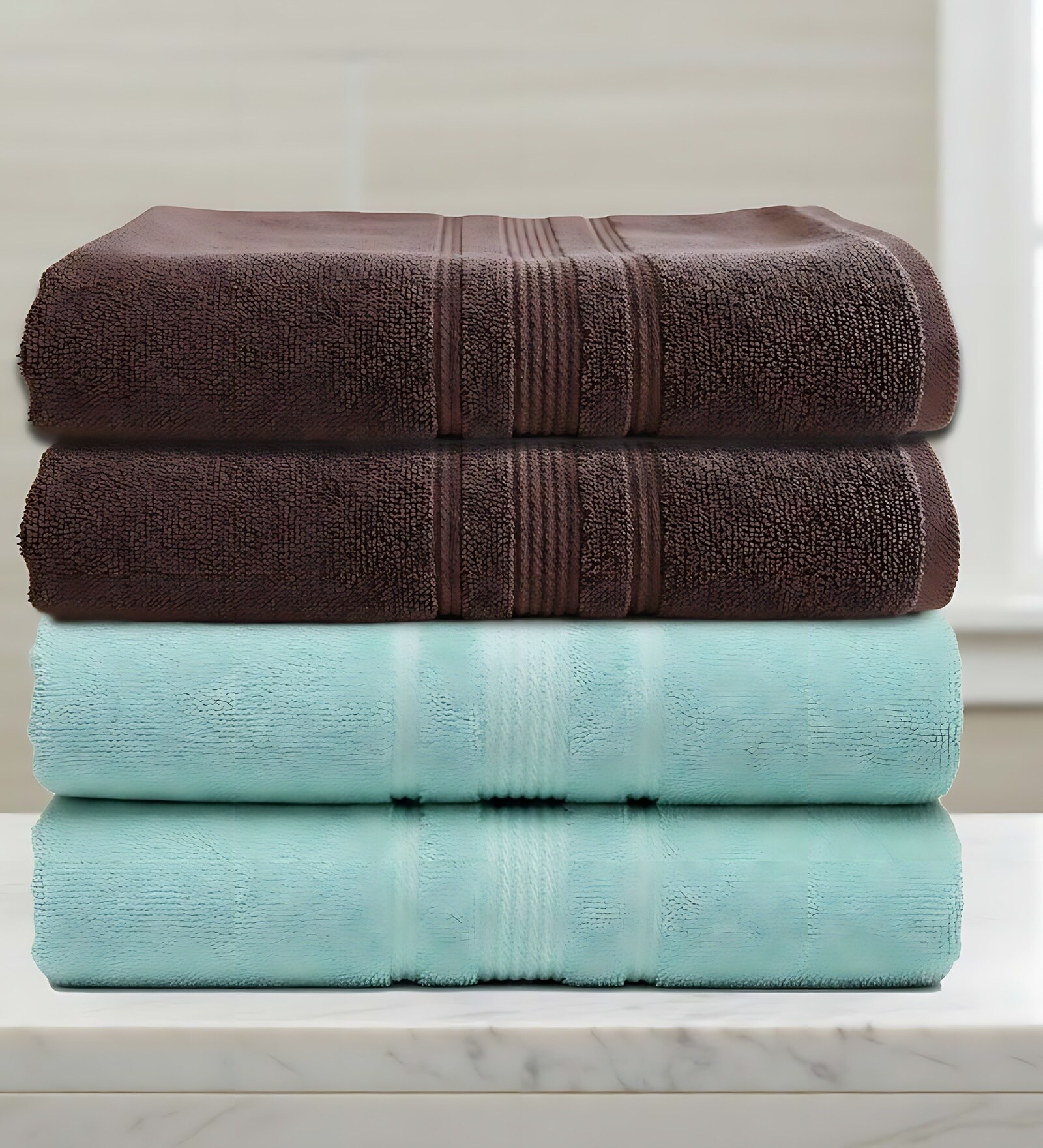 Water Green & Brown Soft Cotton 500 GSM Solid Bath Towel Pack Of 4
