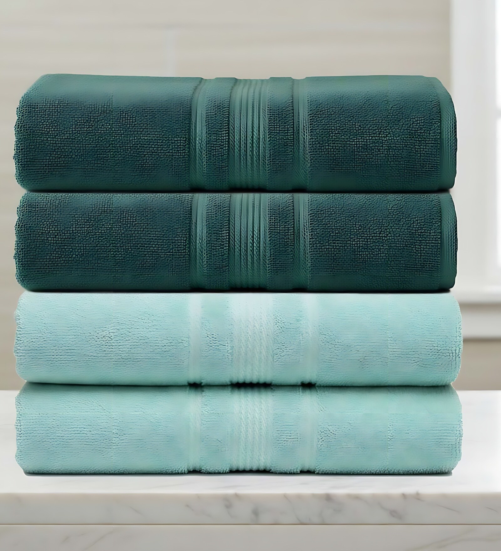 Water Green & Dark Green Soft Cotton 500 GSM Solid Bath Towel Pack Of 4