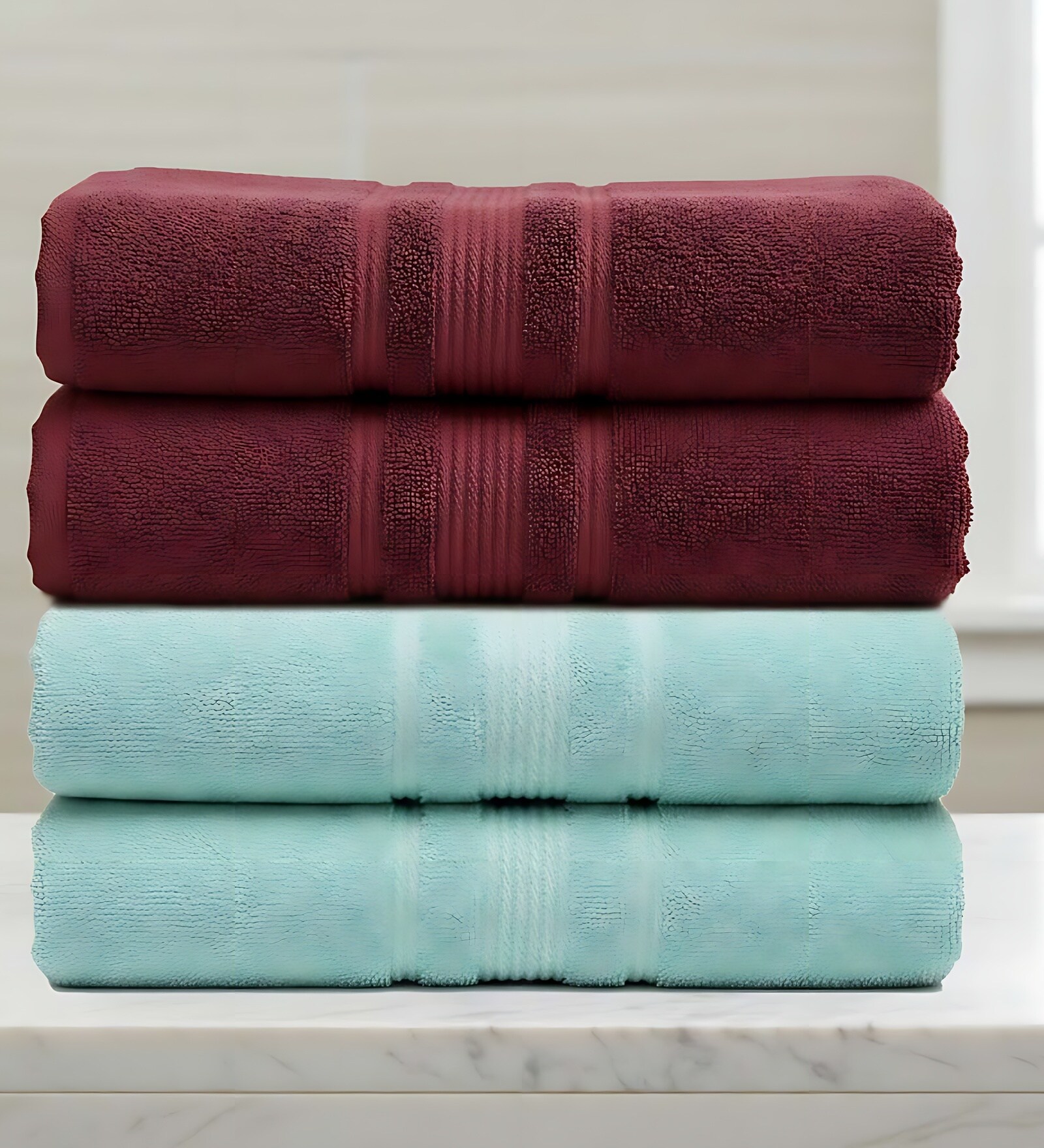 Water Green & Maroon Soft Cotton 500 GSM Solid Bath Towel Pack Of 4
